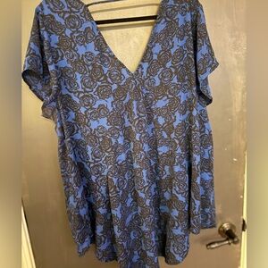Floral V-Neck Blue and Black Women's sheer blouse